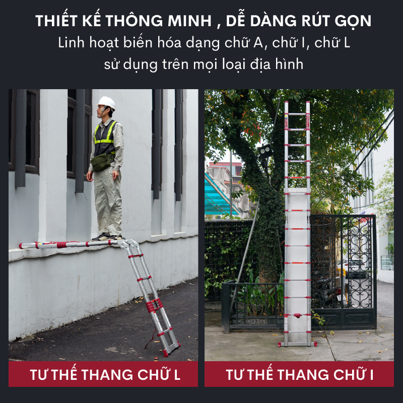 Thang nhôm FUJIHOME TLA08R rút gọn nhập khẩu, Chữ A cao 2.4m, Chữ I cao 5m, Xếp nhiều hình dáng