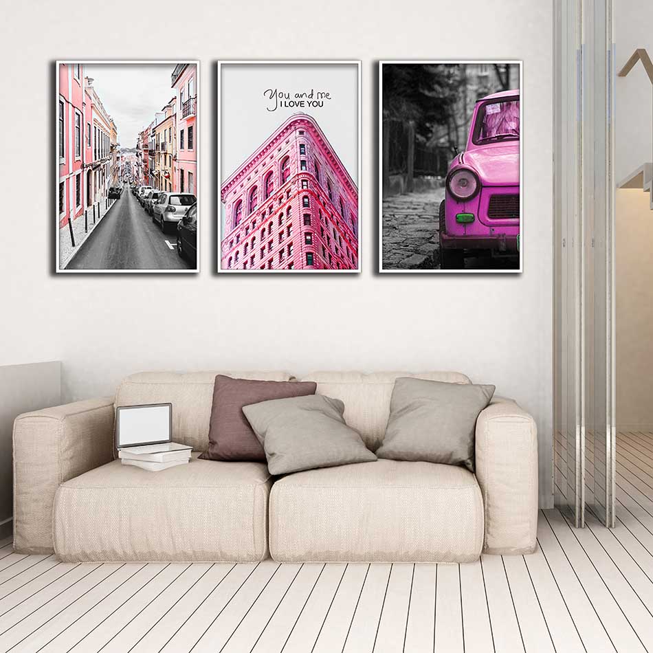 Bộ 3 tranh canvas treo tường Decor Đường phố và xe, tông hồng hiện đại - DC150