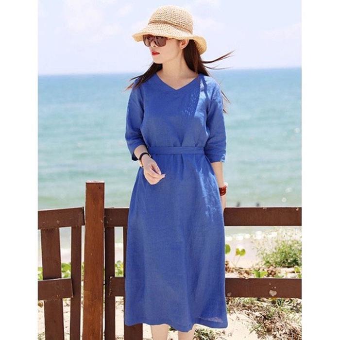 Đầm suông linen cổ tim tay lỡ kèm đai rời - Xanh coban