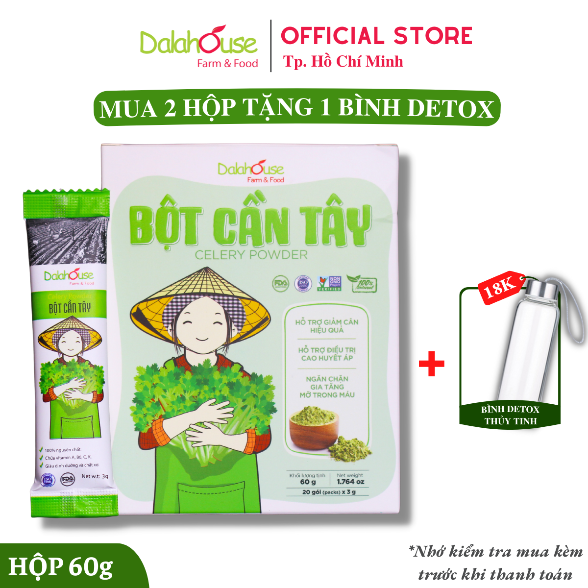 Bột Cần Tây Nguyên Chất Dalahouse Hộp 60g - cần tây giảm cân hiệu quả, detox thanh nhiệt giải độc, làm đẹp da