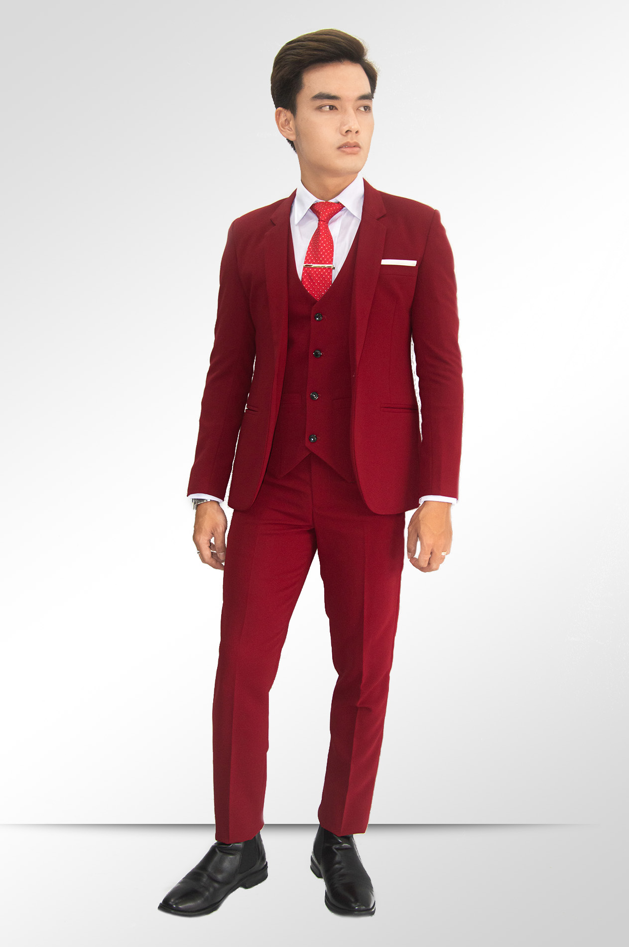 Bộ vest nam 1 nút và gile ôm body màu đỏ đô chất liệu co dãn , thoáng mát tặng kèm combo phụ kiện