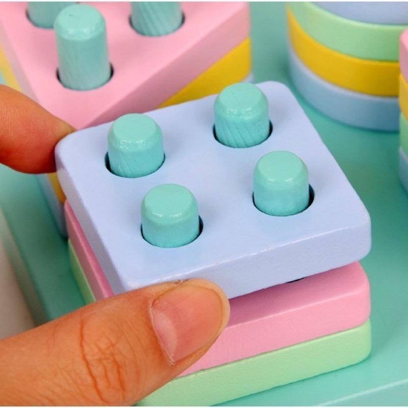 Đồ chơi thả hình 4 trụ màu pastel đồ chơi gỗ phát triển trí tuệ