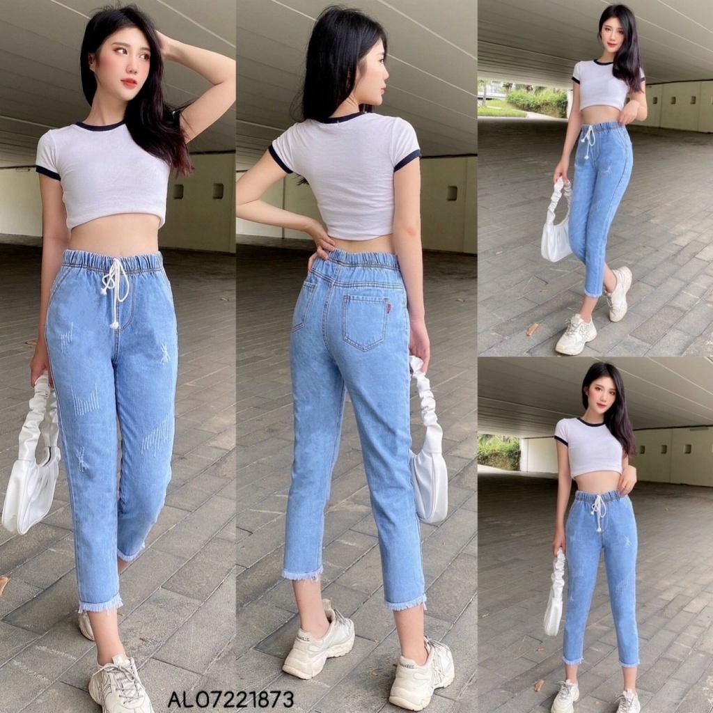 Quần jean baggy lưng thun gập lai cào xước (35- 52 kg)