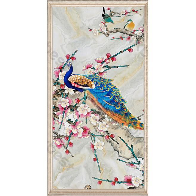 Tranh dán tường Chim công trên cành đào, Tranh 3D dán tường hiện đại , MS1119521