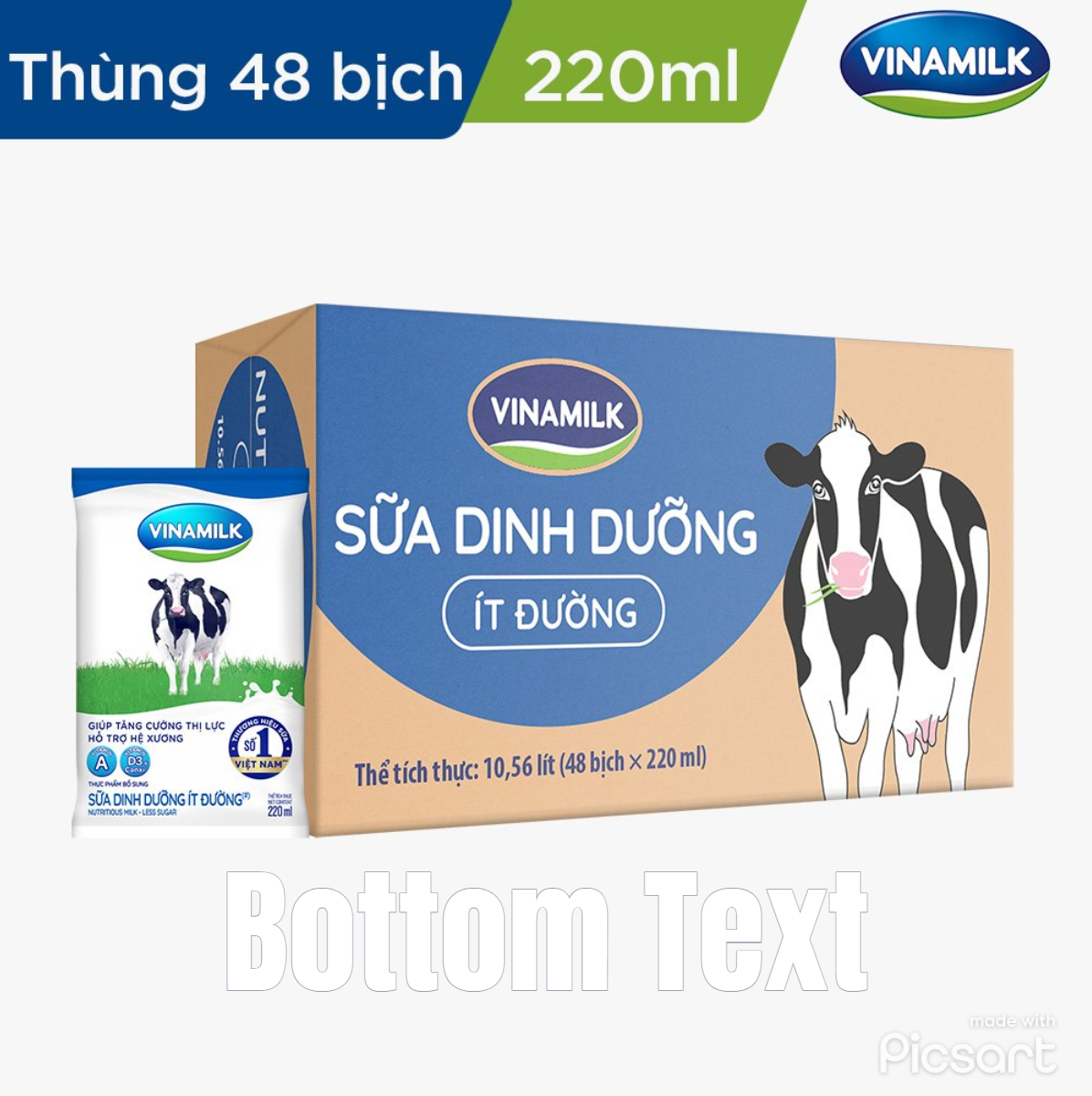 Thùng 48 bịch sữa dinh dưỡng Vinamilk ít đường - 220ml x 48 bịch