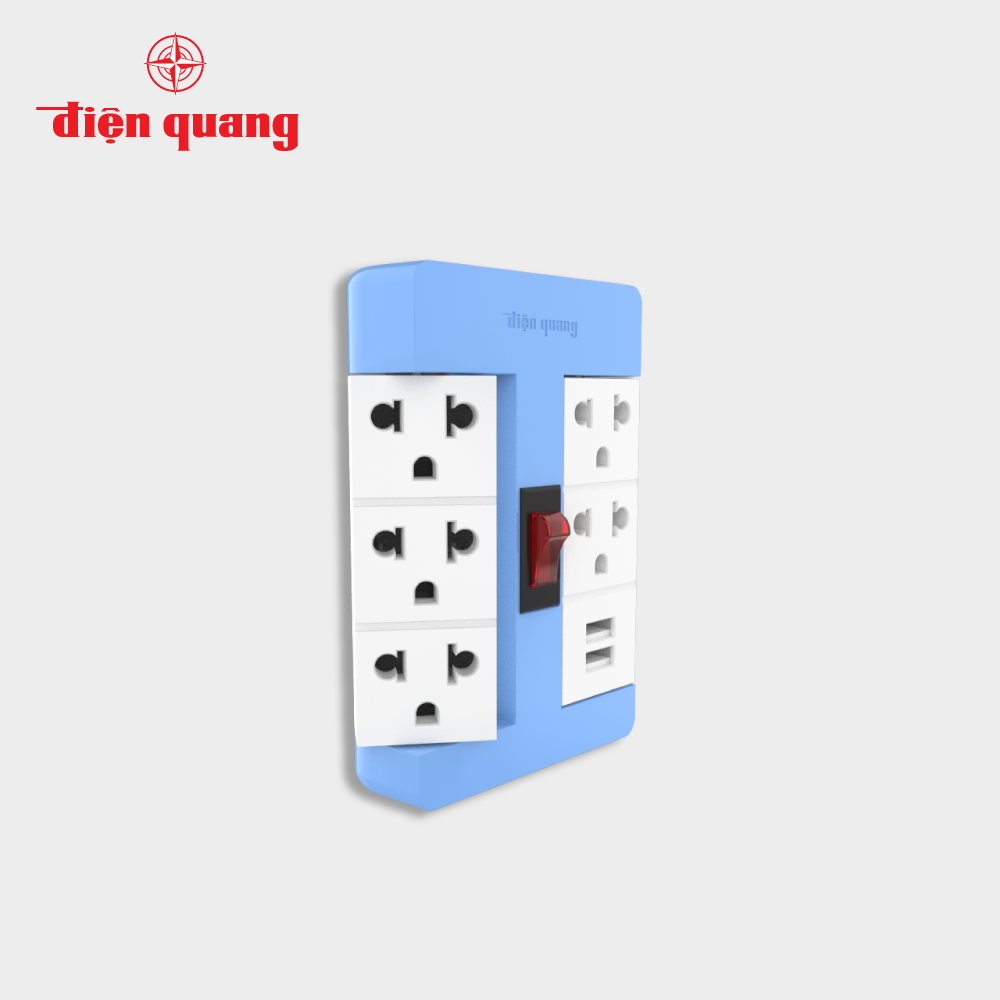 Ổ Cắm Xoay 90 Điện Quang Đq Esk Rt 53 2Usb 5 Lỗ 3 Chấu, 2Usb - Xanh Dương Trắng