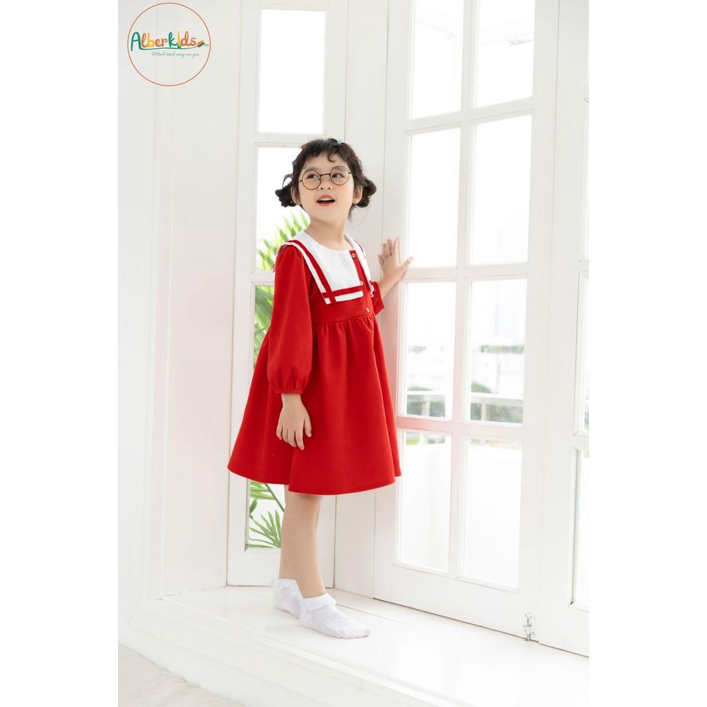 Váy bé gái ALBERKIDS tay dài đỏ nhung tăm phối cổ trắng xinh đẹp cho trẻ em gái từ 2,3,4,5,6,7,8,9,10,11,12 tuổi [V35