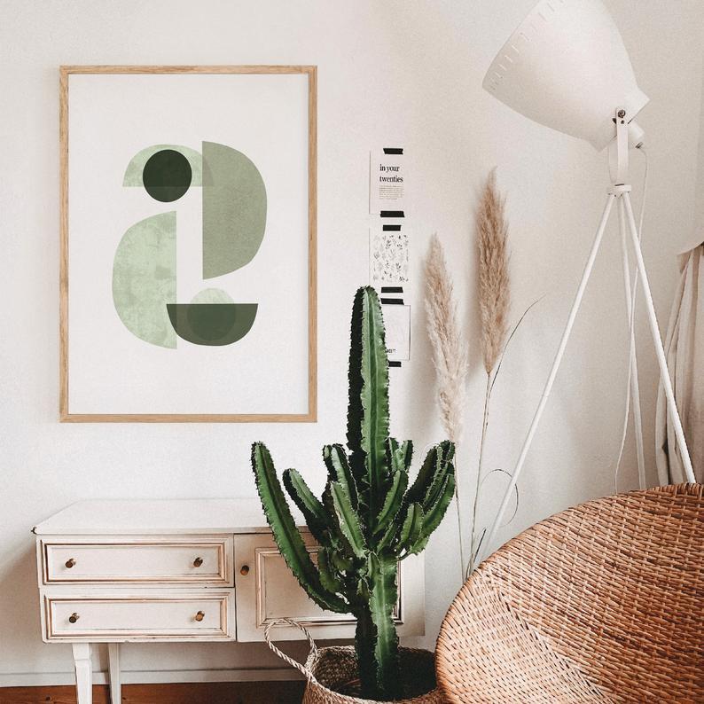 Tranh treo tường | Tranh trừu tượng - Abstract green bowls digital wall decor, Modern mid century geometric shapes