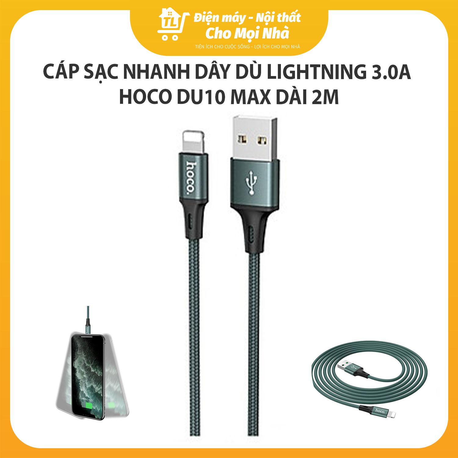 CÁP SẠC NHANH DÂY DÙ LIGHTNING 3.0A HOCO DU10 MAX DÀI 2M ( 2 MÀU) - HÀNG CHÍNH HÃNG