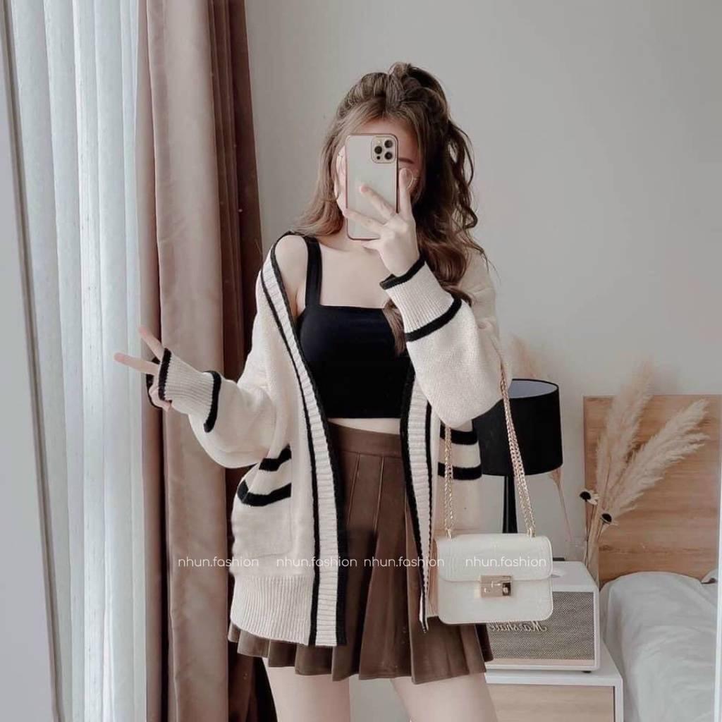 Áo khoác len nữ THU ĐÔNG Cardigan có túi DÁNG DÀI form rộng phối viền 2 MÀU cực xịn xò