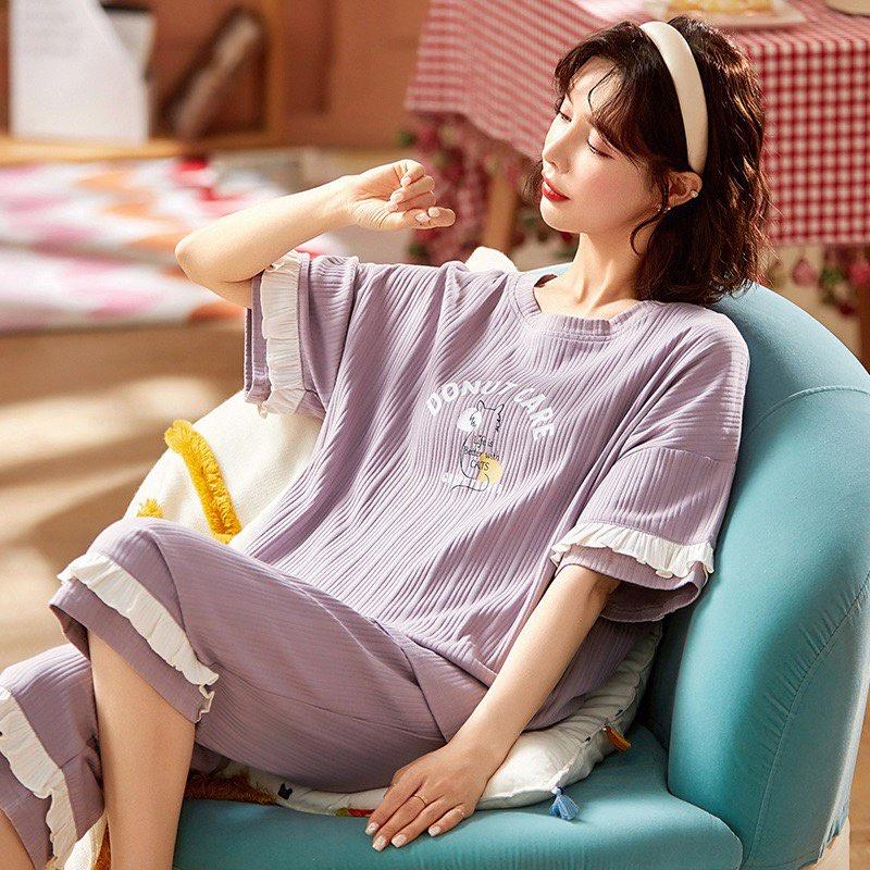 Bộ Mặc Nhà Pyjama Lửng Cộc Tay Cổ Tròn Cotton Co Dãn Mềm Mại