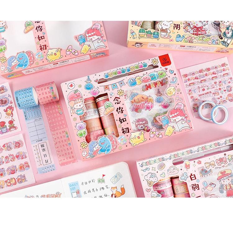 Hộp 19 Washi Tape Kèm 10 Miếng dán Sticker đẹp 10x10cm, kèm 1 bút cắt băng dính dán và ticker chuyên dùng giá siêu rẻ