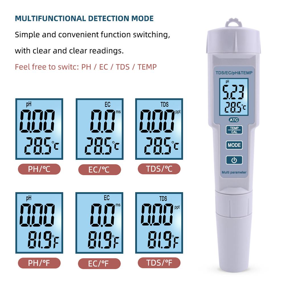 4 in 1 PH/EC/TDS/Temp Meter Water Quality Test Meter High Accuracy Measurement Range LCD Display Measure Tool for