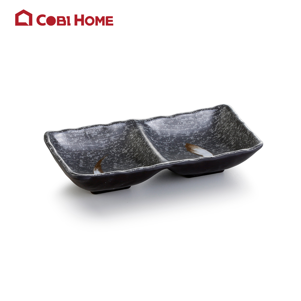 Chén chấm, dĩa chấm chia ngăn hình chữ nhật màu đen vân đá bằng melamine cao cấp 