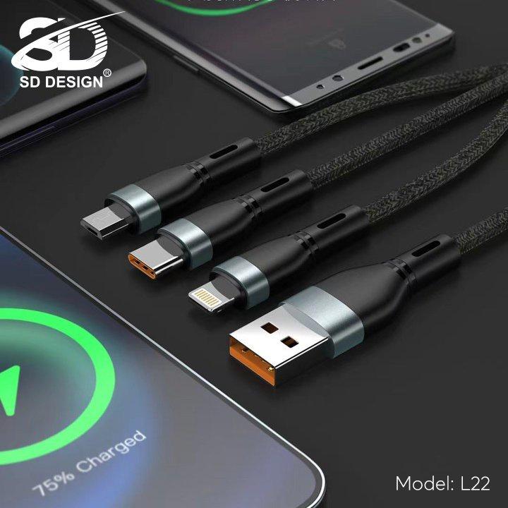 Cáp Sạc Nhanh 3 Đầu L22 SD Design dòng 6.0A Micro TypeC Dây Dù Sạc cho Samsung Oppo Xiaomi iPhone