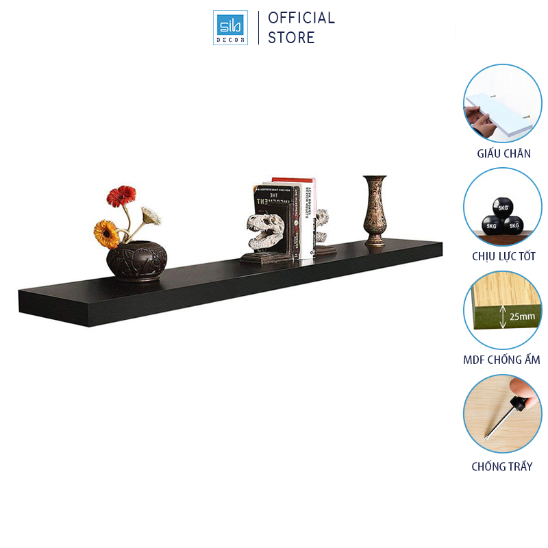 Kệ Thanh Ngang Rộng 20Cm, Gỗ Dày 25Mm Treo Tường Màu Đen Sib Decor Chiều Dài 40 Đến 120Cm Kt005 - 120X20X2.5Cm