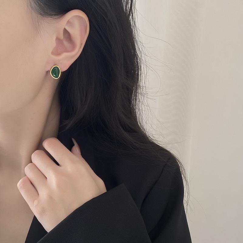 E109 Khuyên tai nữ bông tai nữ đá xanh đen bất cân xứng đẹp lạ mắt phong cách vintage Ring House