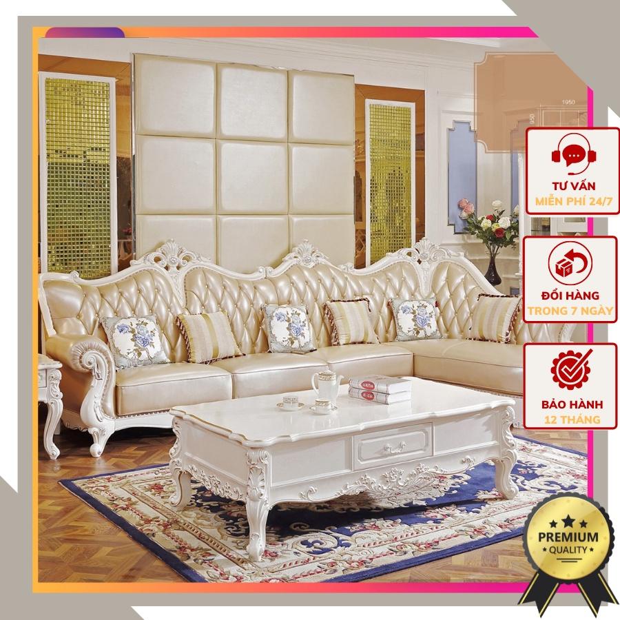 Sofa tân cổ điển hoàng gia chữ L, sofa góc với chất liệu gỗ thịt, da bò nguyên miếng – tối giản không gian nhà đẳng cấp