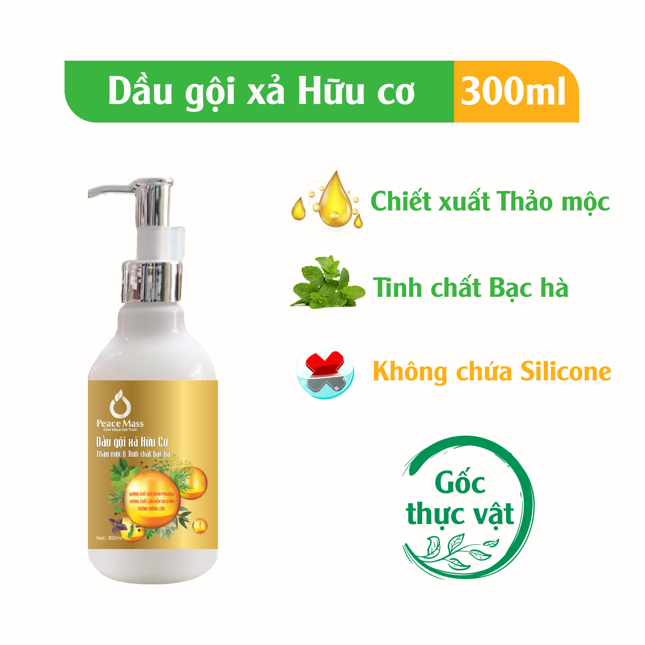 Dầu Gội Xả Thảo Mộc Tinh Chất Bạc Hà Peace Mass 300ml (Thuộc nhóm Sản phẩm Lành tính / Hữu cơ)