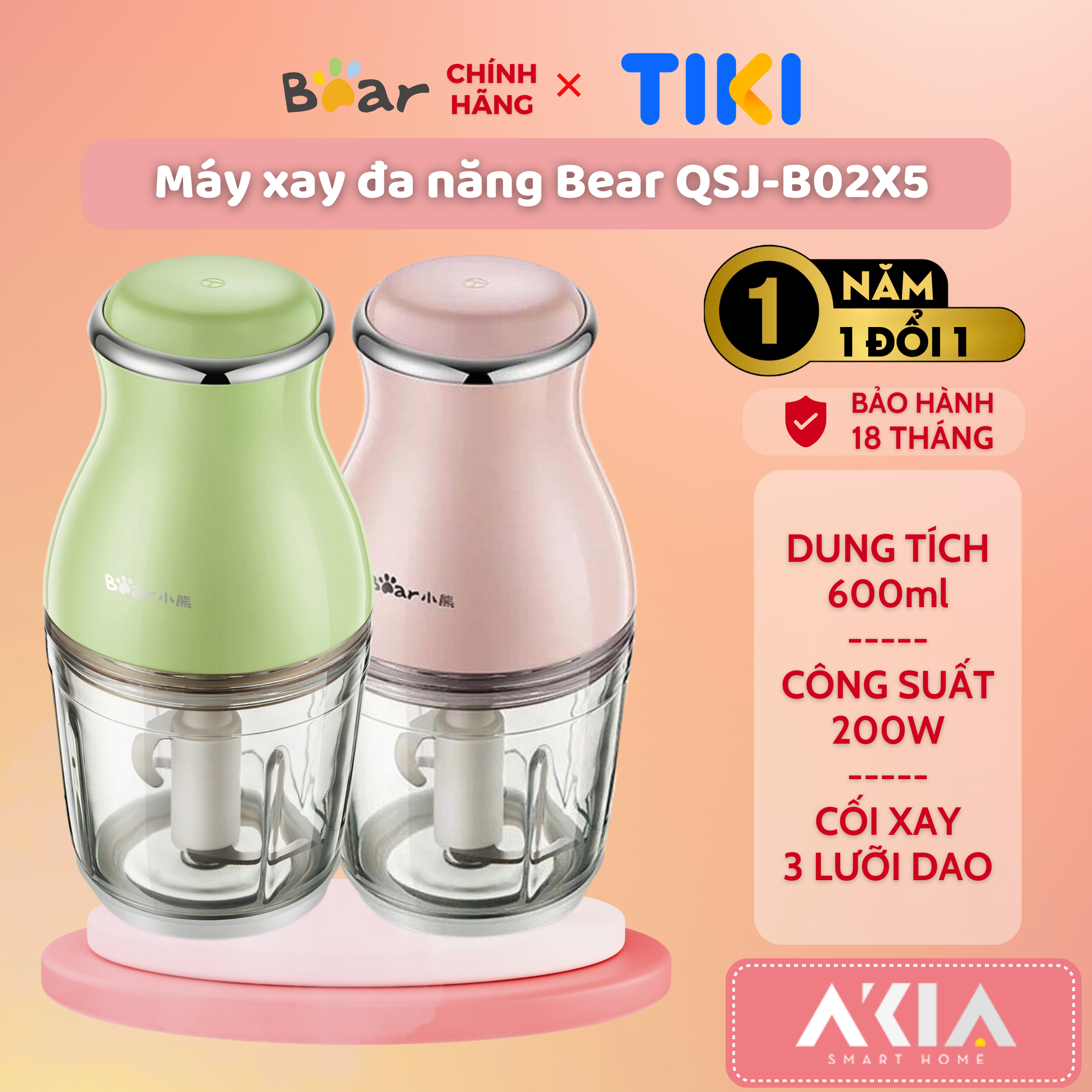 Máy xay thực phẩm đa năng Bear QSJ-B02X5 / QSJ-B02U2 - Dung tích 600ml, Công suất 200W, Xay thịt, rau củ, trái cây, bột cho bé - HÀNG CHÍNH HÃNG