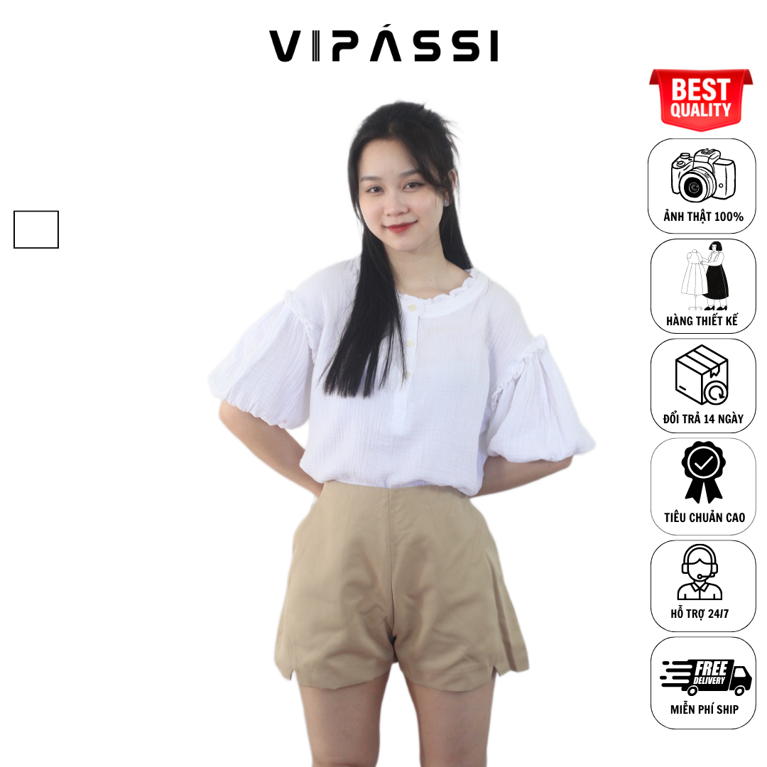 VIPÁSSI Áo Baby Cotton Cổ Bèo Đính Nút Ngắn Tay Phòng Trắng