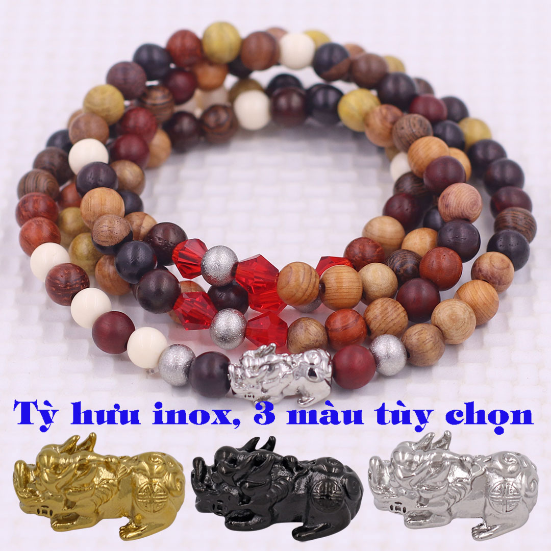 Vòng chuỗi 108 hạt Gỗ Đàn hương charm tỳ hưu inox - Chuỗi hạt 6 ly, 8 ly - Vòng chuỗi niệm Phật Bình an, May mắn
