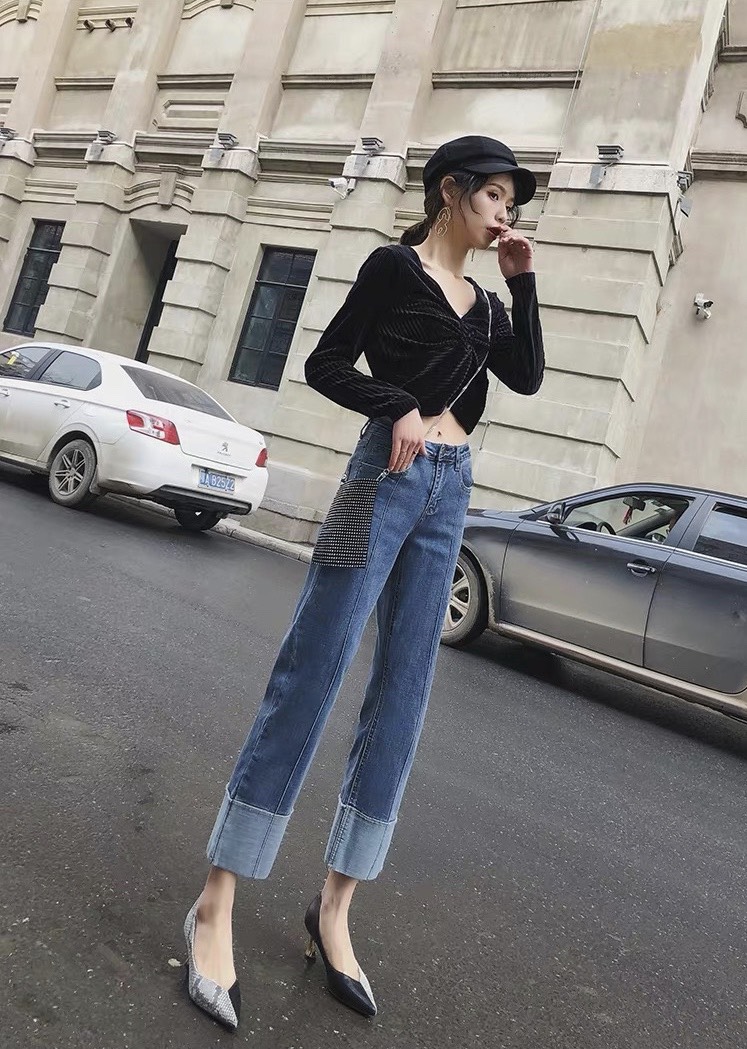 Quần jean nữ BIGSIZE ống suông rộng 9 tấc, lưng cao, co dãn mạnh, dành cho người béo 65kg~90kg 3507