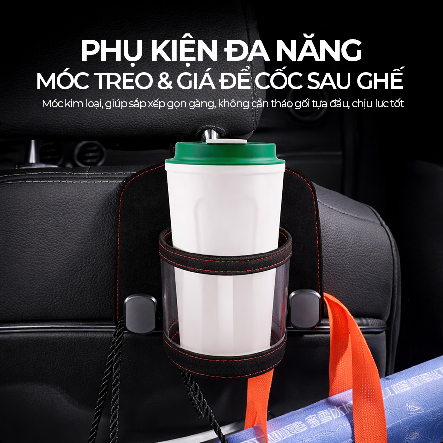 Móc Treo Đa Năng Có Hộc Đựng Ly Trên Ô Tô CIND BO-L021 Bằng Kim Loại Bọc Da Lộn Màu Đen Sang Trọng Cho Nội Thất Xe - Nhập Khẩu Chính Hãng