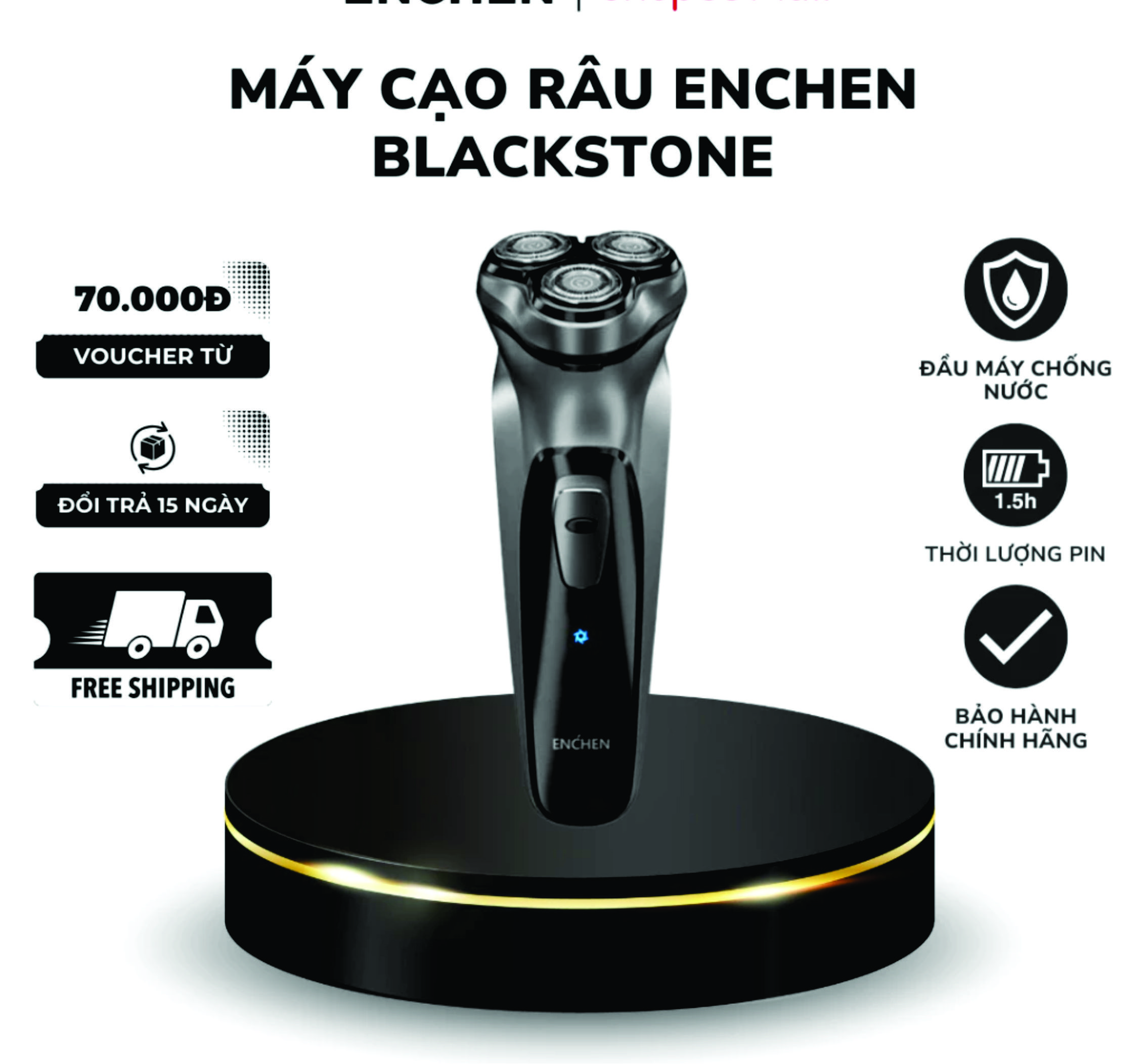 Máy cạo râu Enchen BlackStone , lưỡi cạo nổi 3D ôm mặt, Pin sạc siêu bền, cáp sạc type C