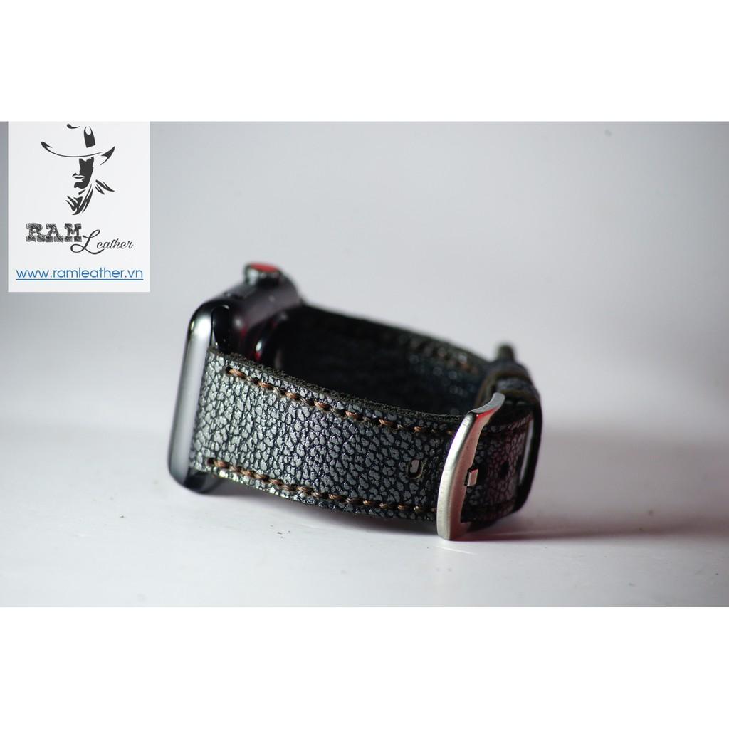 DÂY ĐỒNG HỒ APPLE WATCH HANDMADE CAO CẤP - DA BÒ THẬT - RAM CLASSIC 1956 ĐEN ĐỦ SIZZE APPLE WATCH