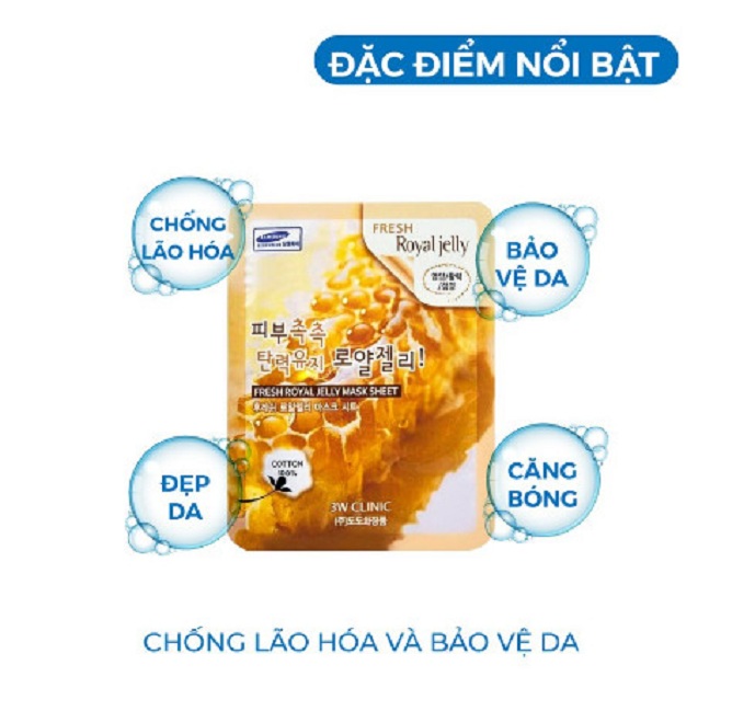 Mặt nạ giấy dưỡng trắng da dưỡng ẩm chống lão hóa chiết xuất từ sữa ong chúa 3W CLINIC FRESH ROYAL JELLY MASK SHEET 23G