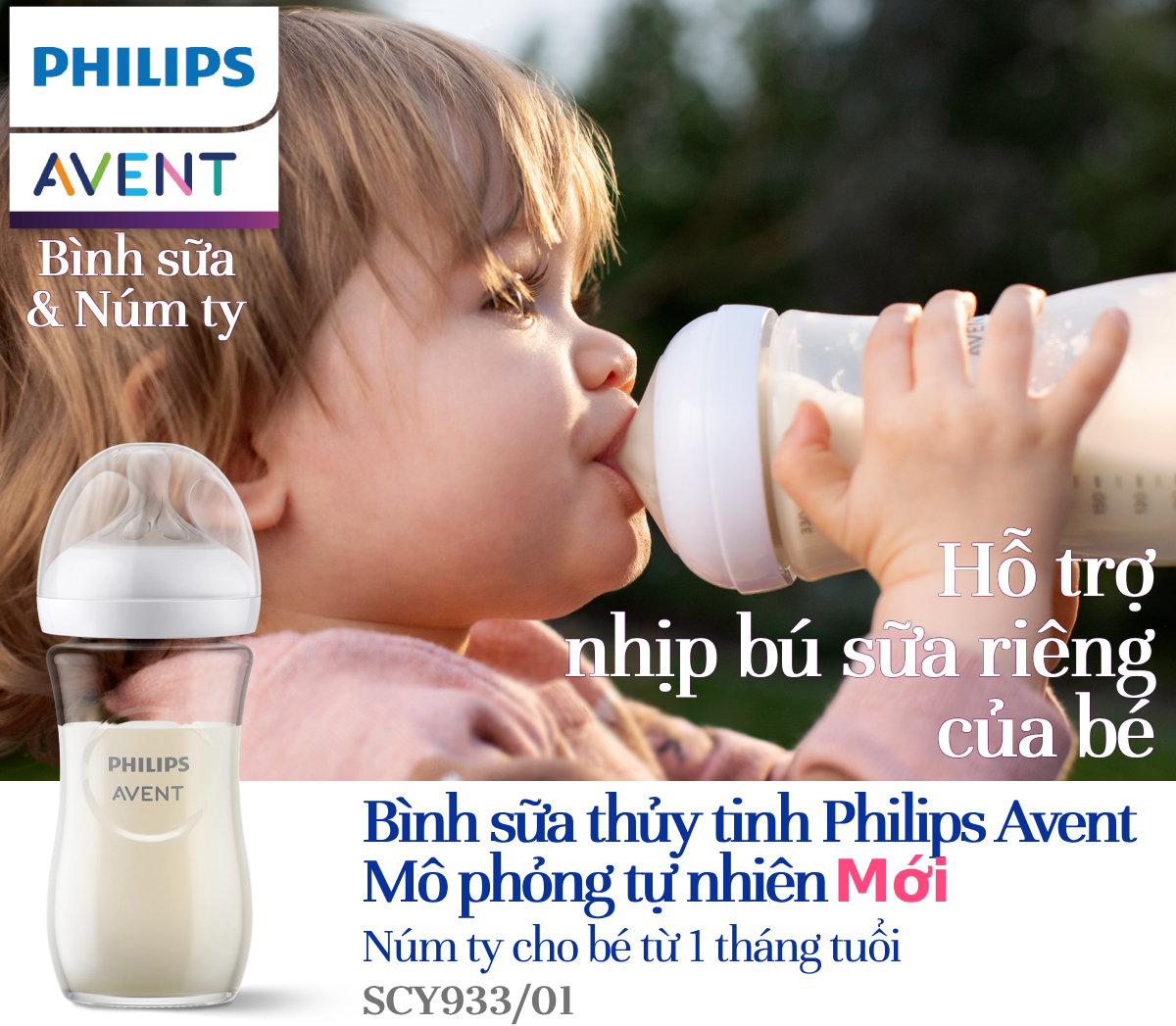 Philips Avent bình sữa thủy tinh mô phỏng tự nhiên mới 240ml bé từ 1 tháng SCY933/01