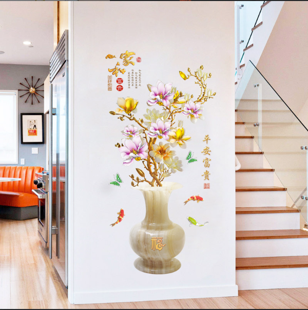 Decal trang trí tường - Bình Hoa Sứ hoa Mai Tím Vàng khoe sắc