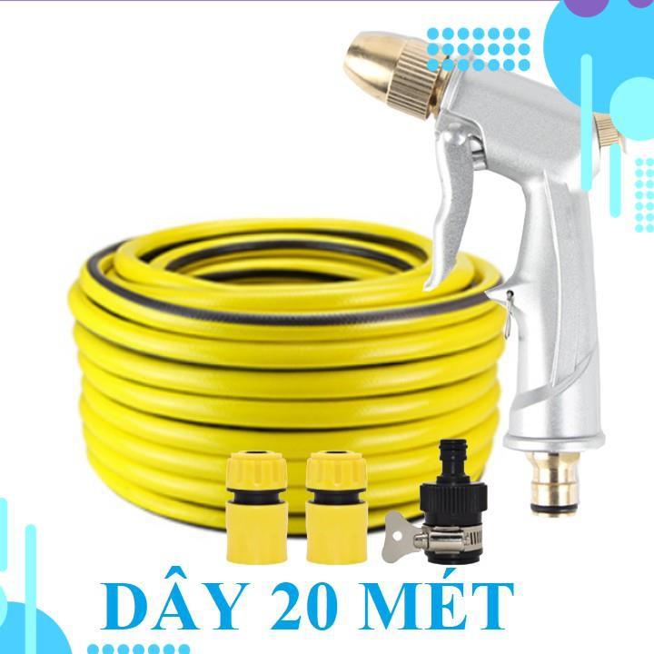 Bộ dây vòi xịt nước rửa xe, tưới cây . tăng áp 3 lần, loại 20m 206701 đầu đồng, cút, nối đen