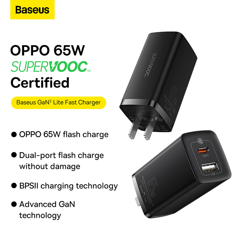 Cốc sạc nhanh Baseus GaN2 lite Fast Charger C+U 65W CN (SUPER VOOC) (hàng chính hãng