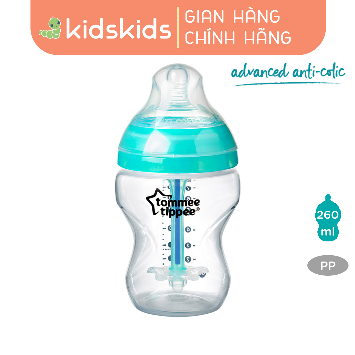 Bình sữa siêu chống đầy hơi kèm báo nhiệt Tommee Tippee Advanced Anti-Colic 260ml, núm ty đi kèm 0-3 tháng