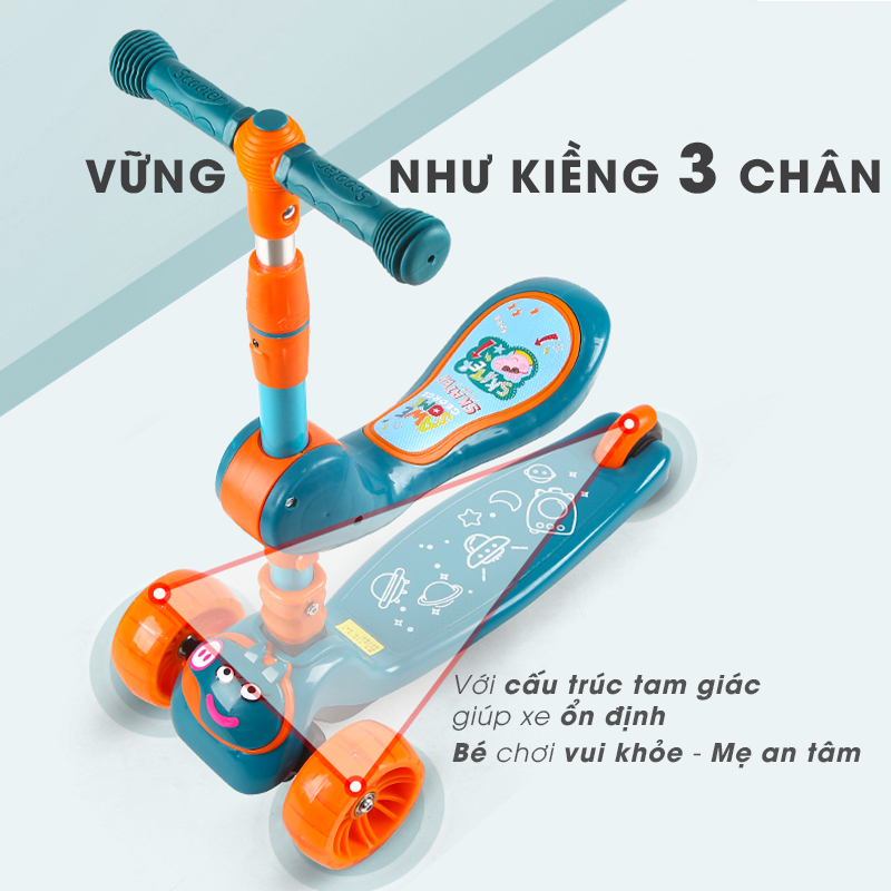 Xe trượt scooter 3 bánh cao cấp dành cho bé, phát nhạc, bánh xe phát sáng vĩnh cửu, rèn luyện vận động, tăng chiều cao cho bé, chịu lực lên tới 90kg