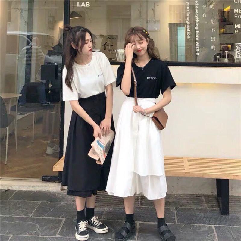 Chân Váy Midi Ulzzang Nữ, Chân Váy Xếp Ly 2 Màu Đen Trắng