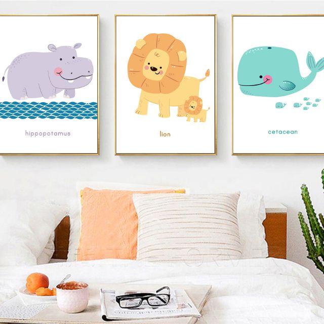 Bộ 3 tranh canvas hoạt hình động vật đáng yêu cho phòng baby