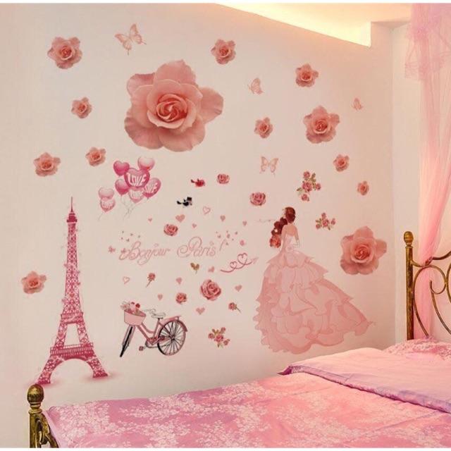 Decal dán tường Combo 2 tranh bông hồng + cô dâu