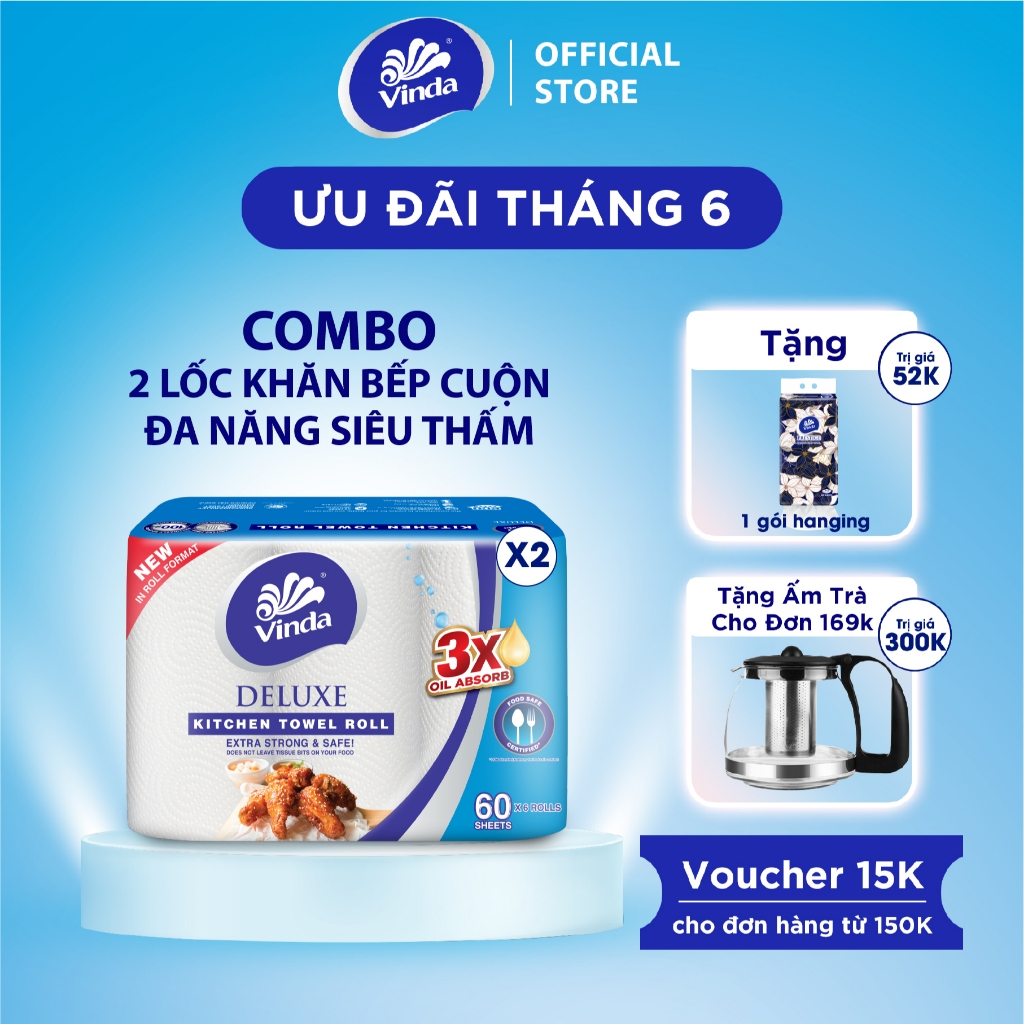 [MUA 2 LỐC KHĂN BẾP CUỘN TẶNG 1 GÓI KHĂN TREO TƯỜNG] Khăn giấy bếp đa năng siêu thấm Vinda Deluxe (6 Cuộn)
