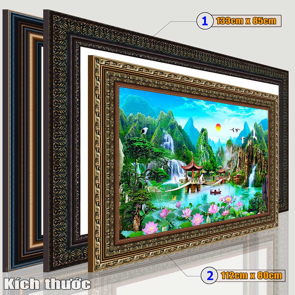 Tranh treo tường phòng khách, phòng ngủ SƠN THỦY HỮU TÌNH khung gỗ composit chất liệu pvc gương / lụa kim sa. MS:1726L9