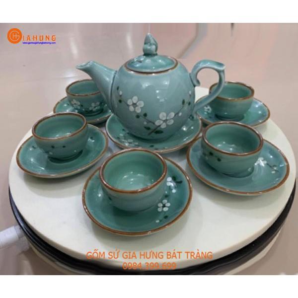 Bộ ấm chén men lam hoa đào