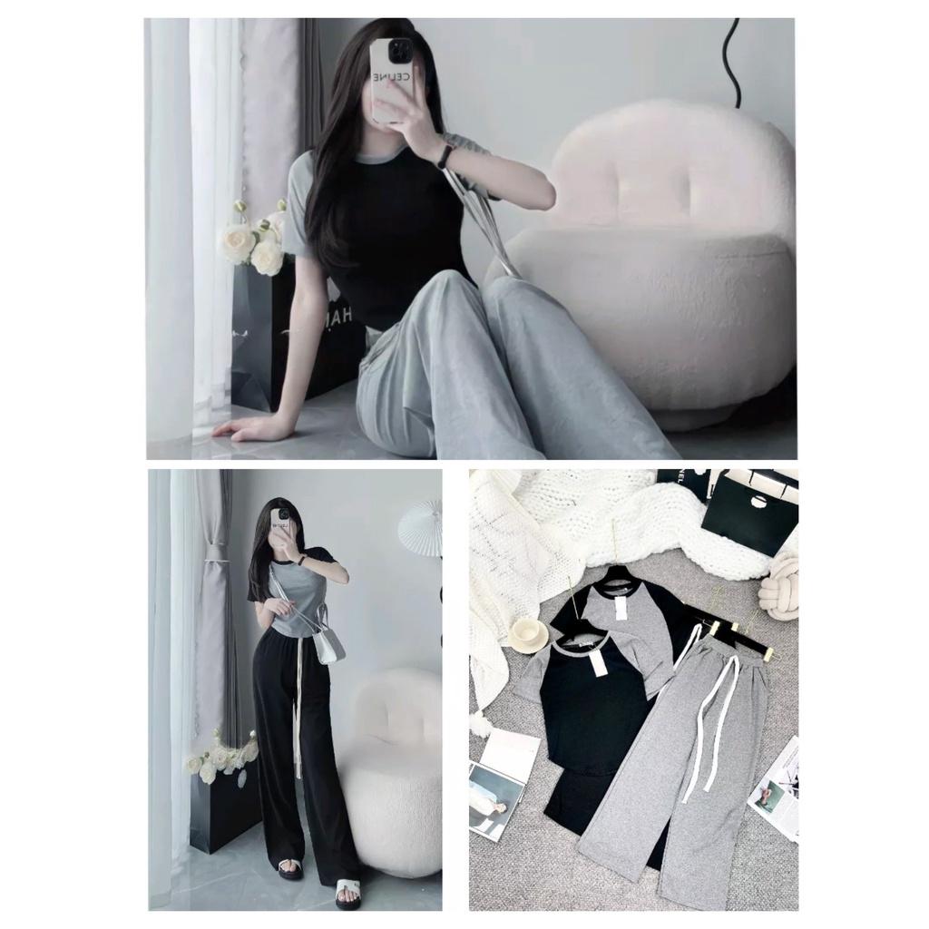 Bộ Áo Thun Ôm Tay Phối Màu Kèm Quần Ống Rộng Dây Rút Vải Cotton