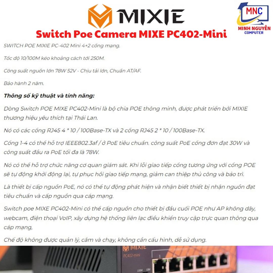 Switch Poe MIXE PC402-Mini gồm 4 cổng POE RJ45 10/100M và 2 cổng UPlink tốc độ 10/100m - Hàng Chính Hãng