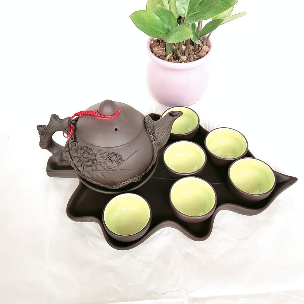 Bộ ấm trà tử sa - Bộ đắp nổi khay hình lá cỡ to - Dung tích 650 ml