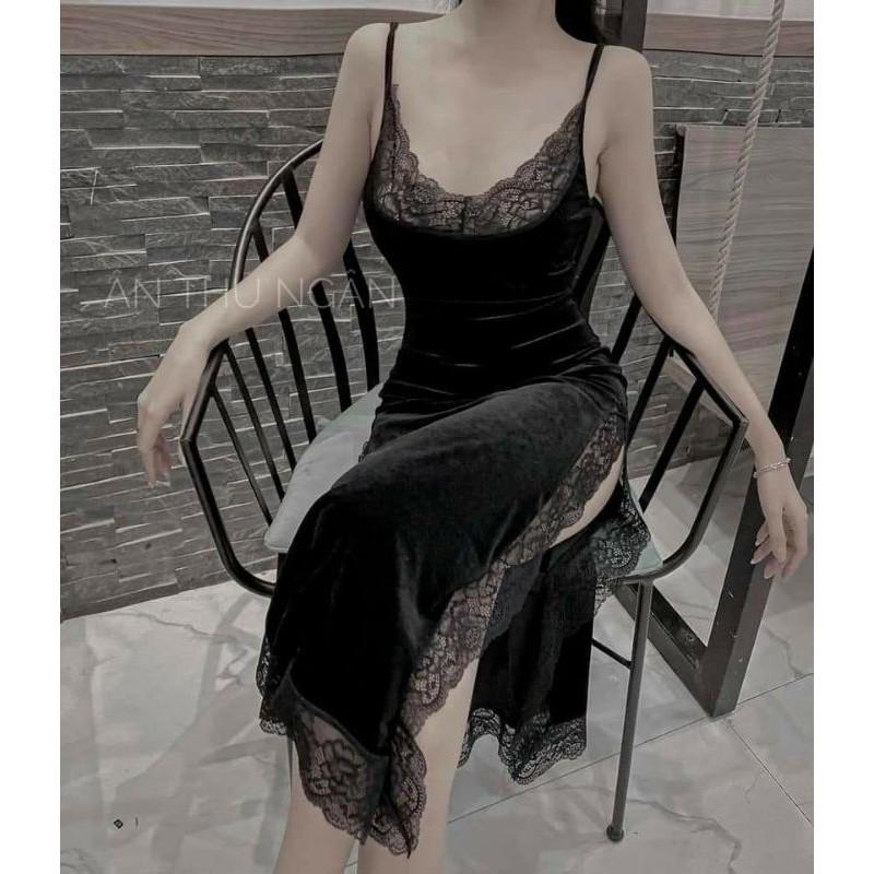 Đầm maxi 2 dây nhung viền ren