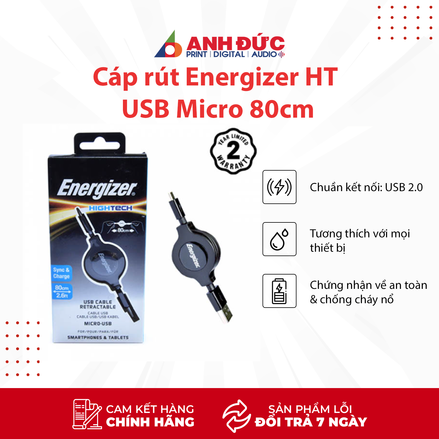 Cáp Rút Micro USB Energizer (80cm) - Đen - Hàng Chính Hãng