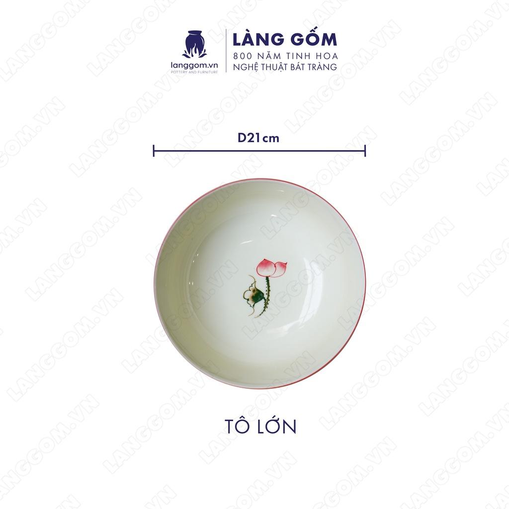 Bộ bàn ăn mặt trời Men trắng vẽ hoa sen hồng - Size: 45 cm - Gốm sứ Bát Tràng - langgom.vn