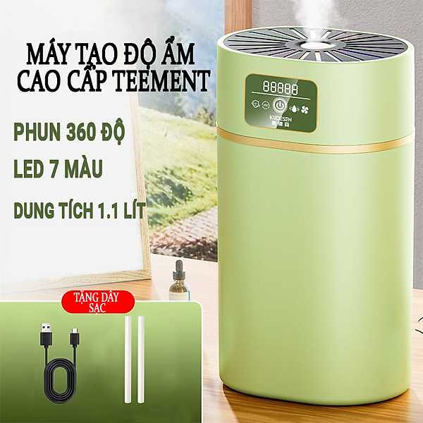 Máy Phun Sương Tạo Ẩm Không Khí Teement , Máy Xông Và Khuyếch Tán Tinh Dầu Dung Tích 1.1 Lít Với 3 Chế Độ Phun, Tích Hợp Đèn Ngủ Tự Thay Đổi Màu Sắc, Độ Ồn Thấp, Phun Liên Tục 8h Và Tự Ngắt Khi Hết Nước, Sạc Usb Tiên Lợi, - Hàng Chính Hãng
